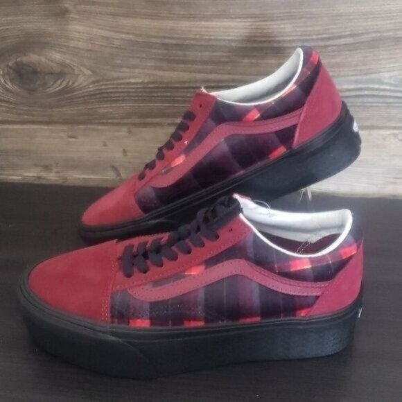New Vans Old Skool Stacked Red Platforms Womens Shoes Size 8 Velvet Plaid Grunge - Picture 3 of 10